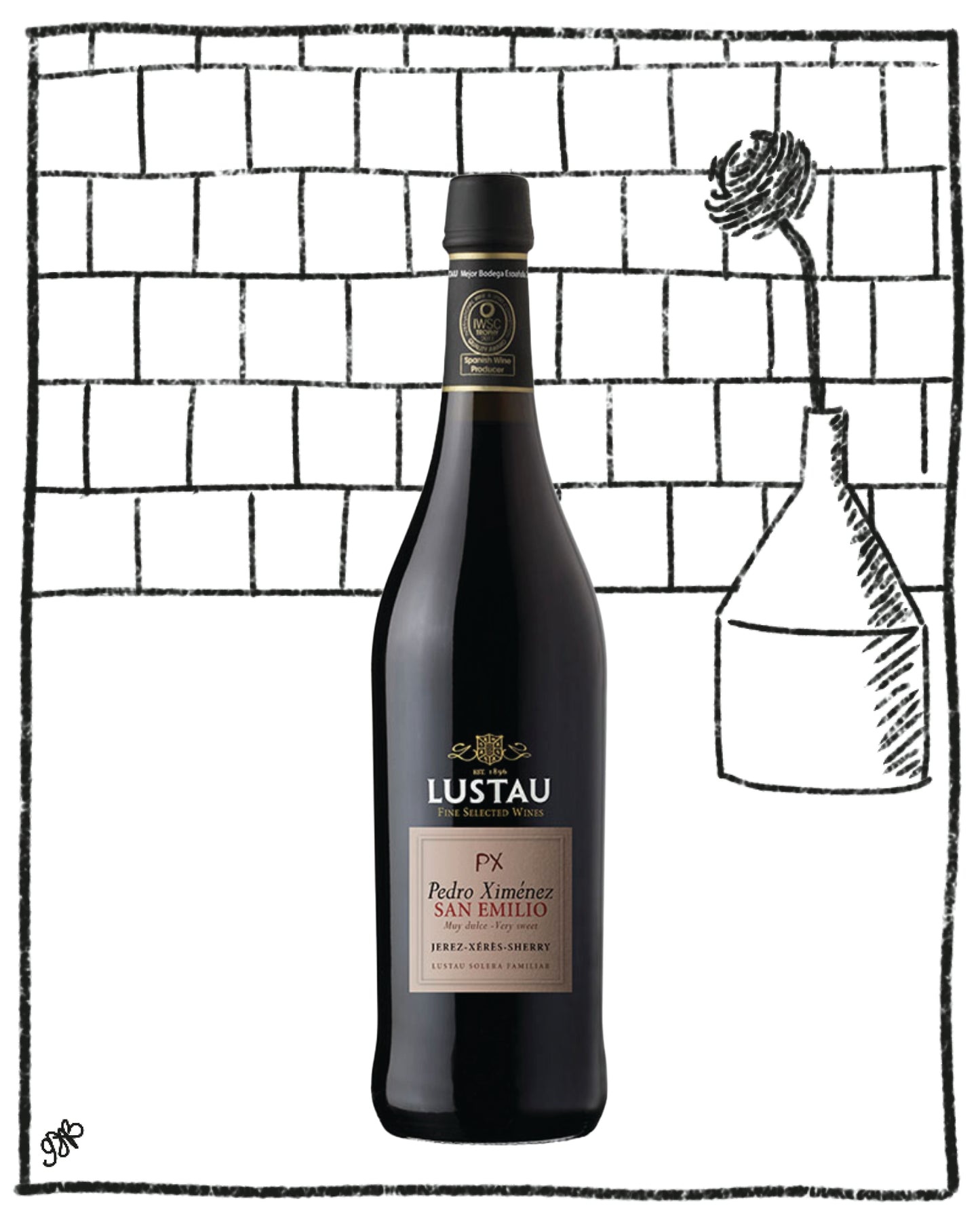 Bottle of Lustau sherry against a black and white tiled background