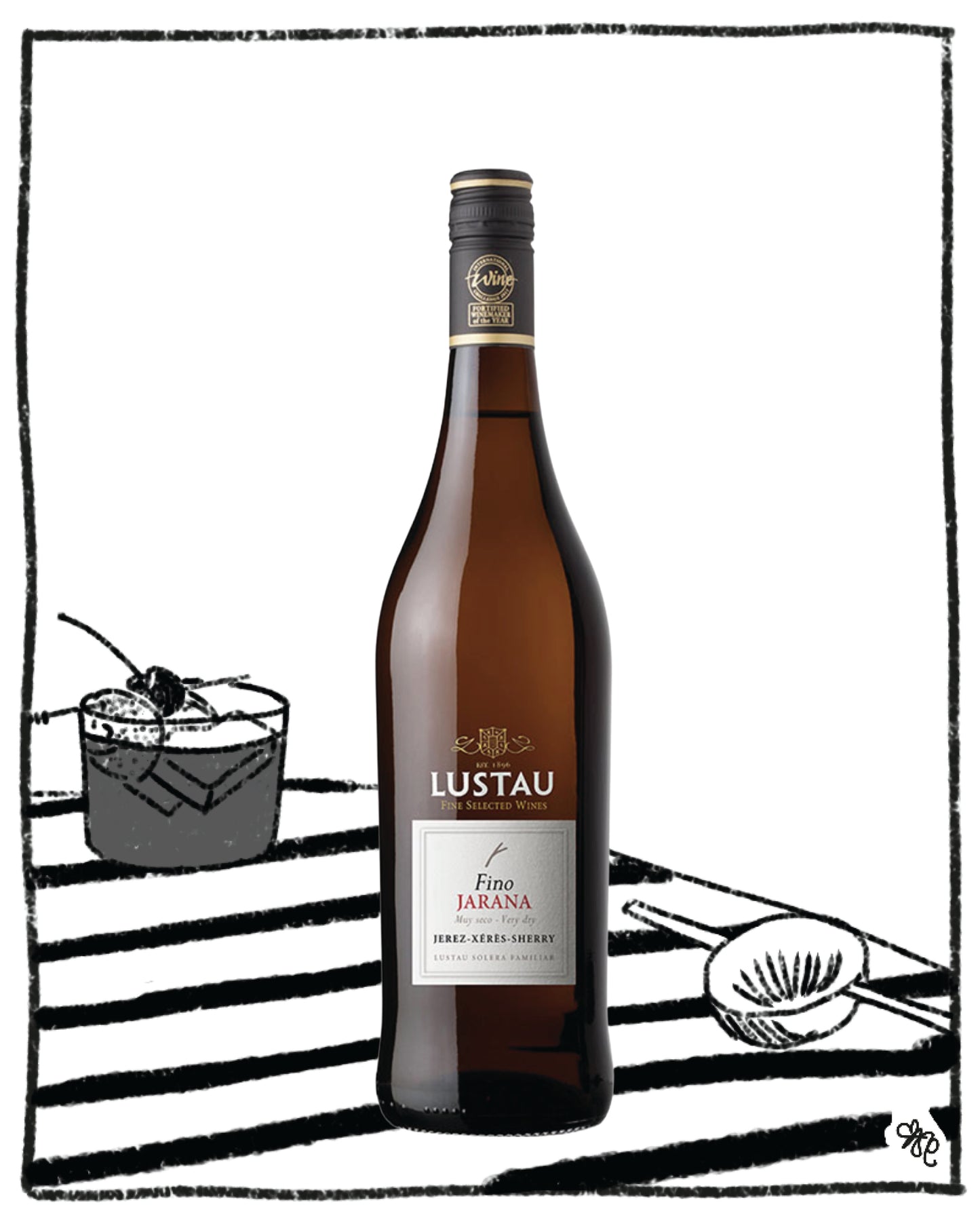 Bottle of Lustau sherry with a decorative background