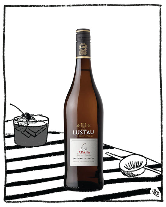 Bottle of Lustau sherry with a decorative background