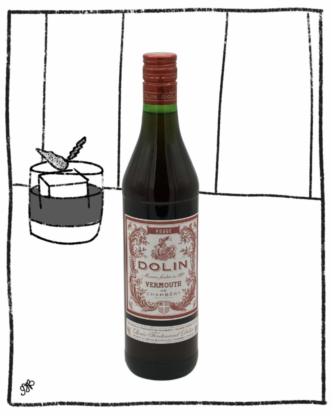 Bottle of Dolin Vermouth with a glass of vermouth on a white background