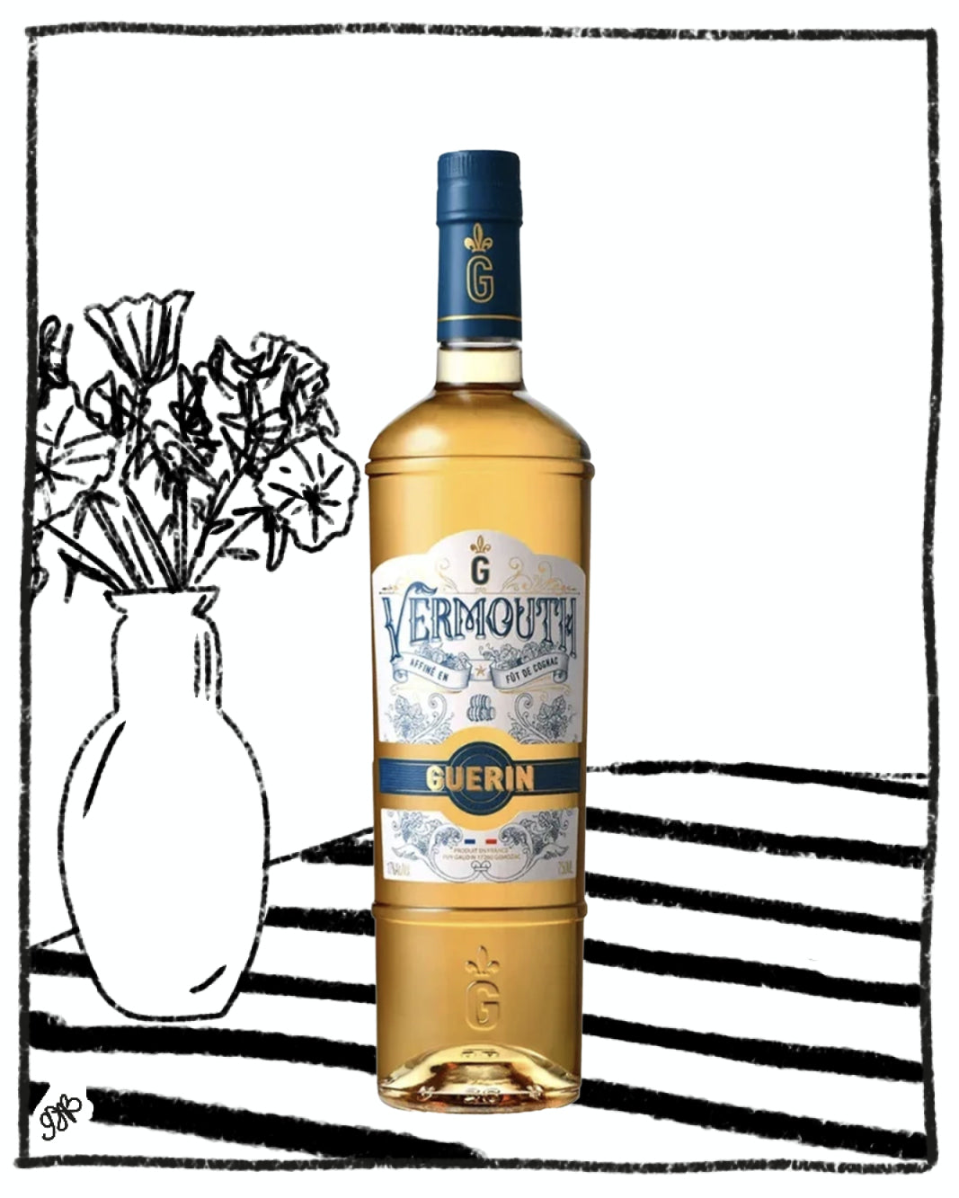 Bottle of Vermouth Guerin with a decorative background
