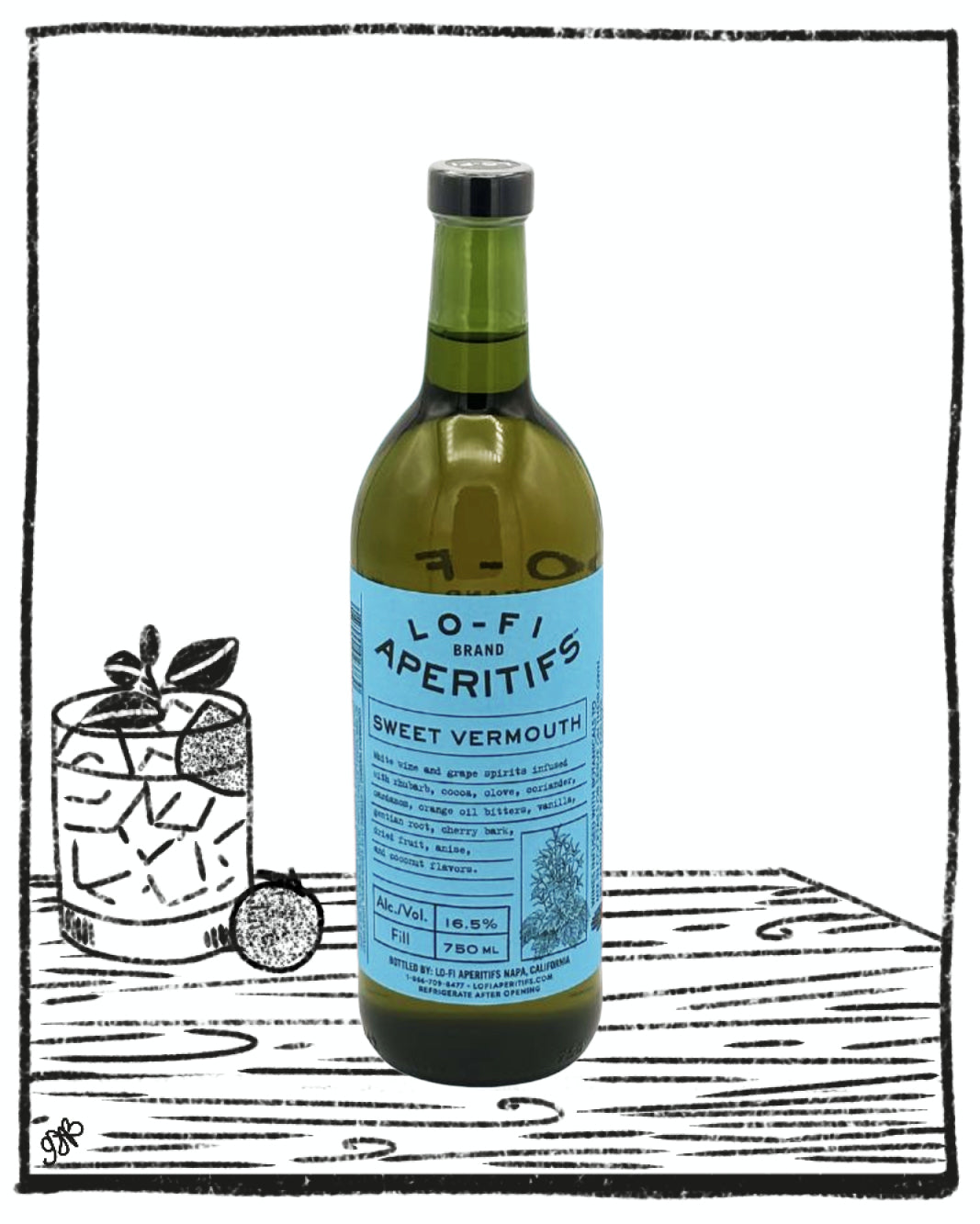 Bottle of Lo-Fi Aperitifs Sweet Vermouth on a wooden surface with a black and white illustration in the background.