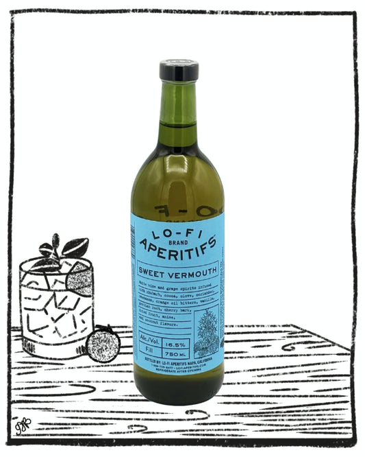 Bottle of Lo-Fi Aperitifs Sweet Vermouth on a wooden surface with a black and white illustration in the background.