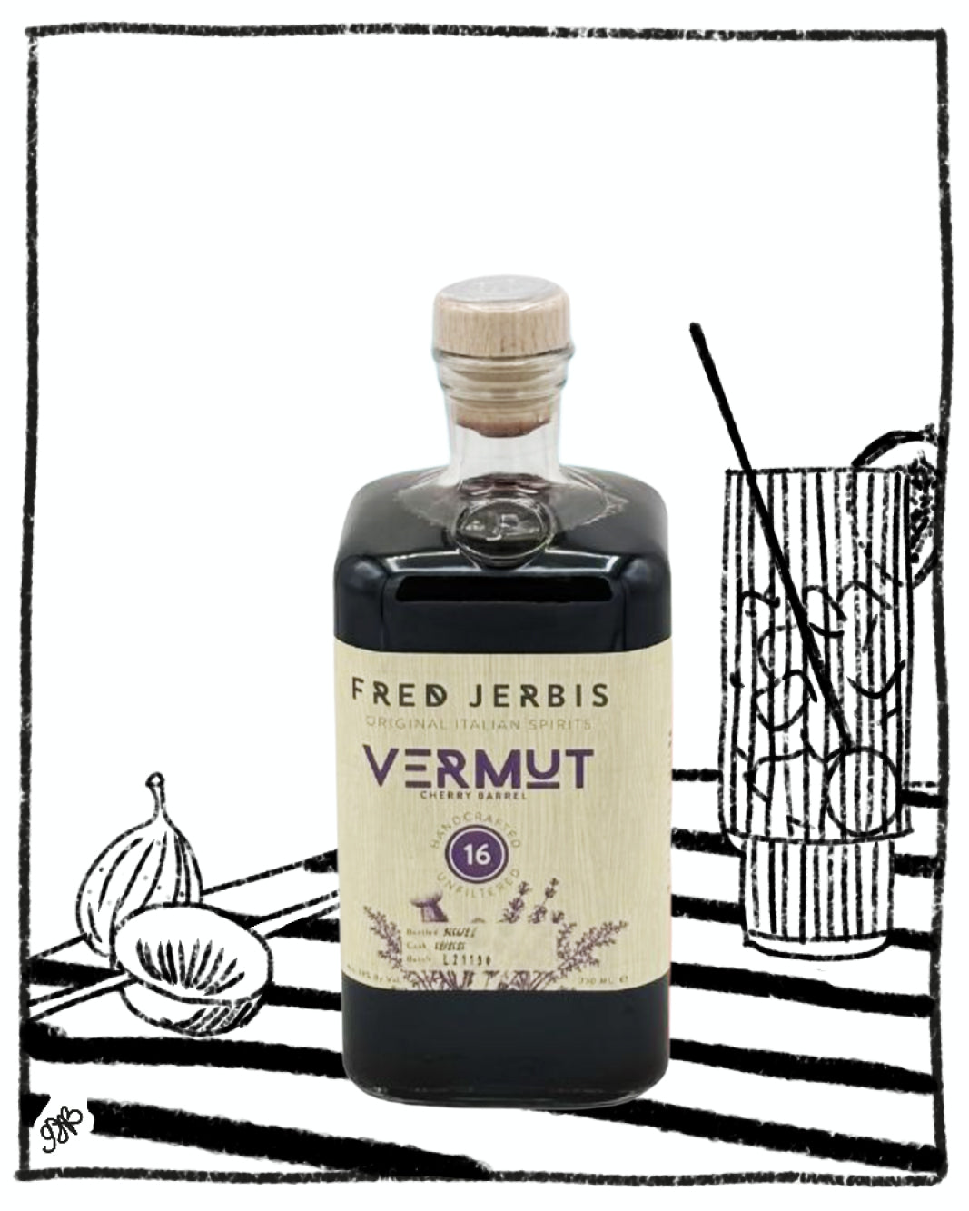 Bottle of Fred Jerbis Vermut on a black and white striped background