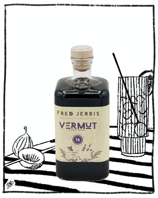 Bottle of Fred Jerbis Vermut on a black and white striped background