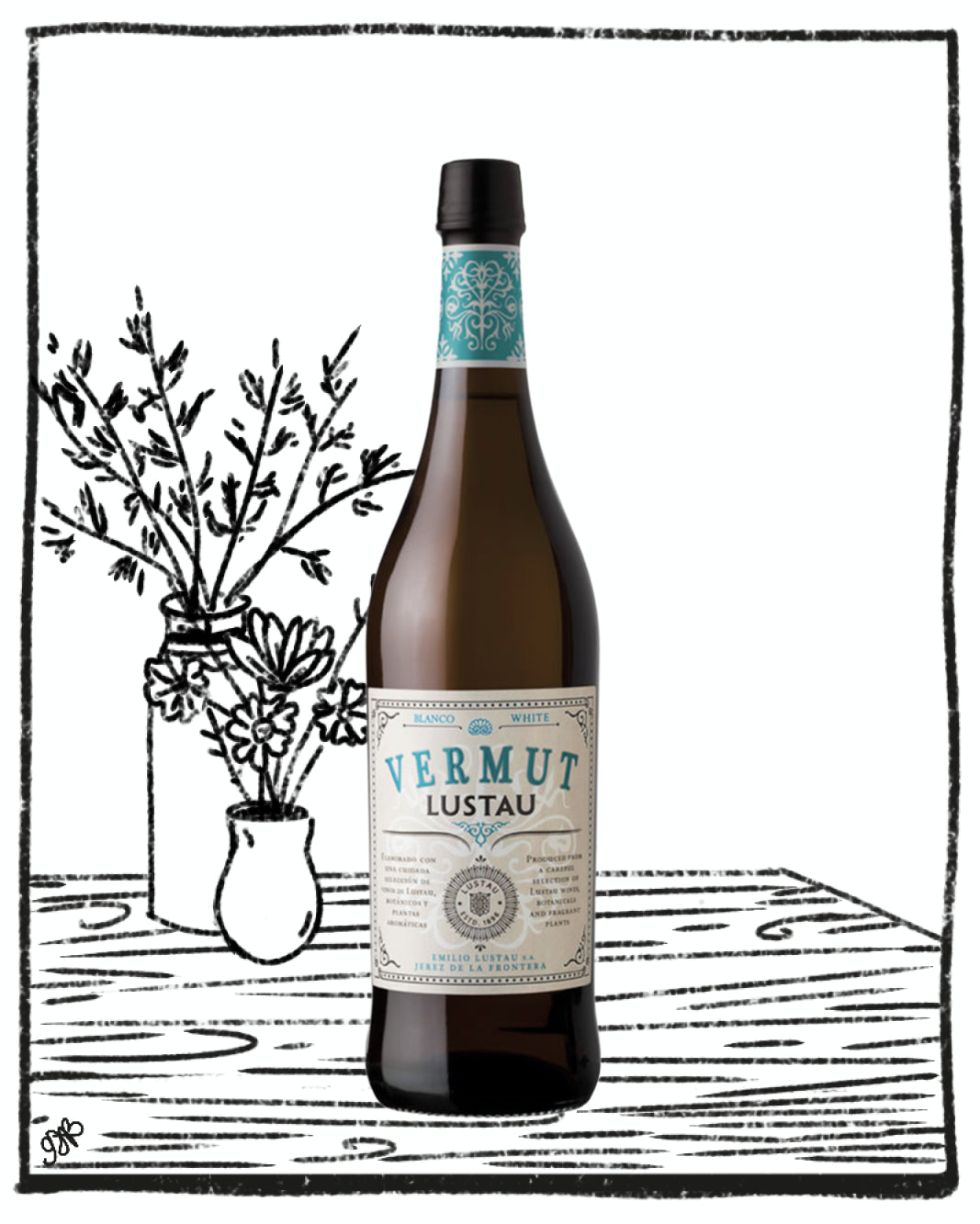 Bottle of Vermut Lustau on a wooden surface with decorative elements.