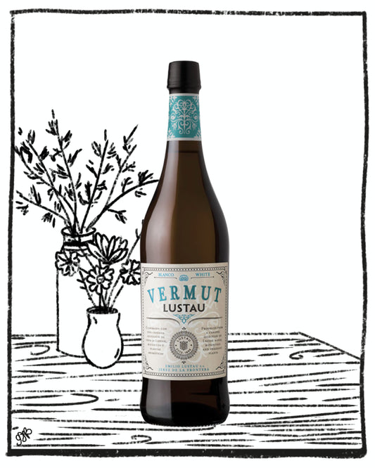 Bottle of Vermut Lustau on a wooden surface with decorative elements.