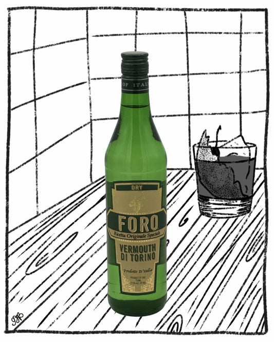 Green bottle of Foro Vermouth Di Torino with a glass of cocktail on a grid background