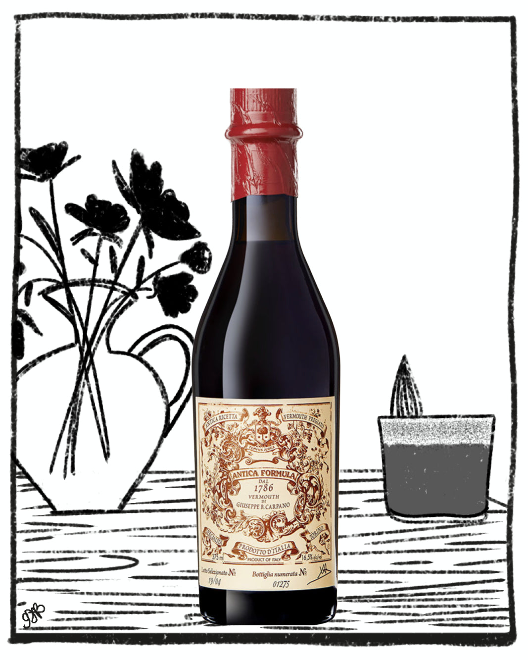 Wine bottle with decorative label on a black and white illustrated background