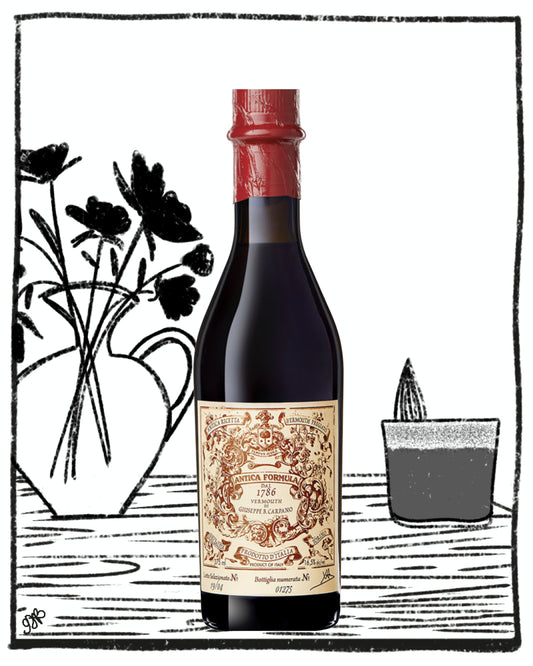 Wine bottle with decorative label on a black and white illustrated background