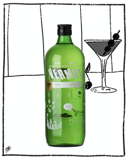 Green bottle labeled 'Kermit' with a black cap, set against a black and white illustrated background of a cocktail.