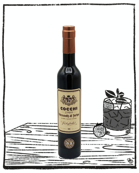 Bottle of Cocchi brand red wine on a white background with a small illustration of a cocktail.