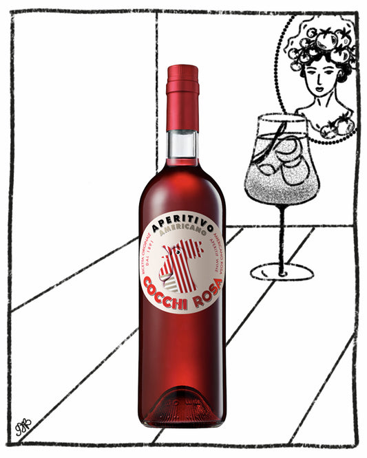 Bottle of Cocchi Rosso aperitivo with a decorative illustration of a woman and glass.