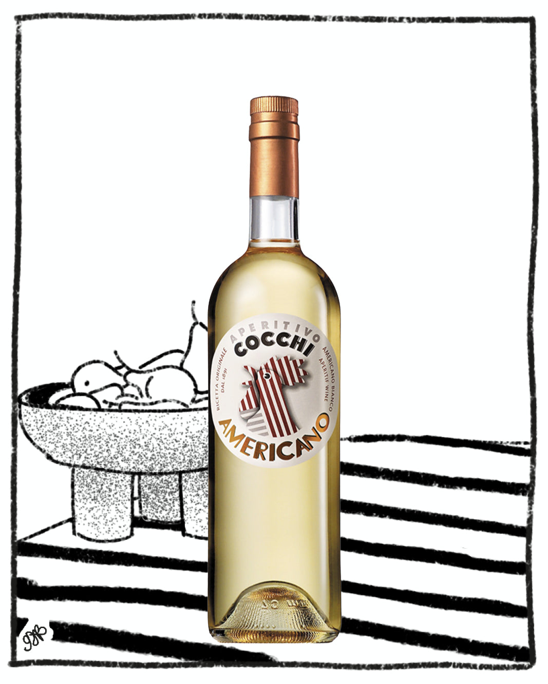 Bottle of Cocchi Americano with a black and white illustration in the background
