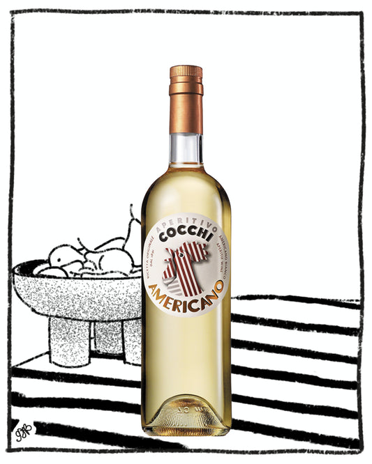 Bottle of Cocchi Americano with a black and white illustration in the background