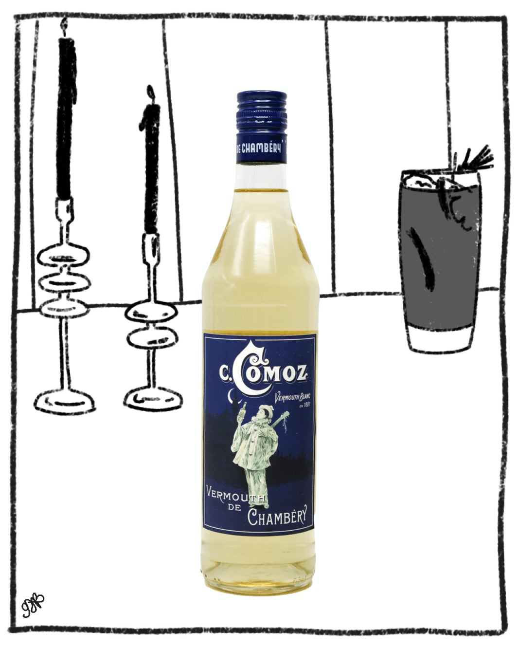 Bottle of Comoz Vermouth de Chambery with a blue label against a black and white drawing background.