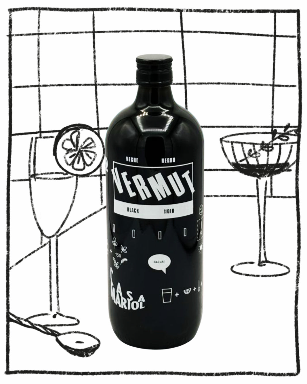Black bottle labeled 'Vermut' with cocktail illustrations on a grid background