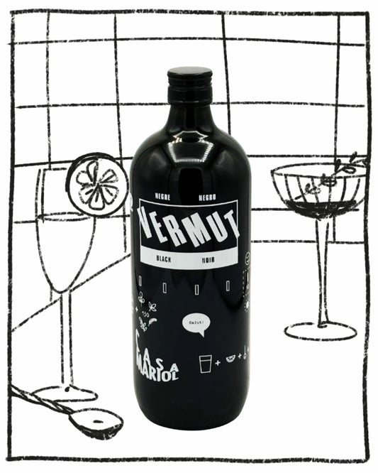 Black bottle labeled 'Vermut' with cocktail illustrations on a grid background