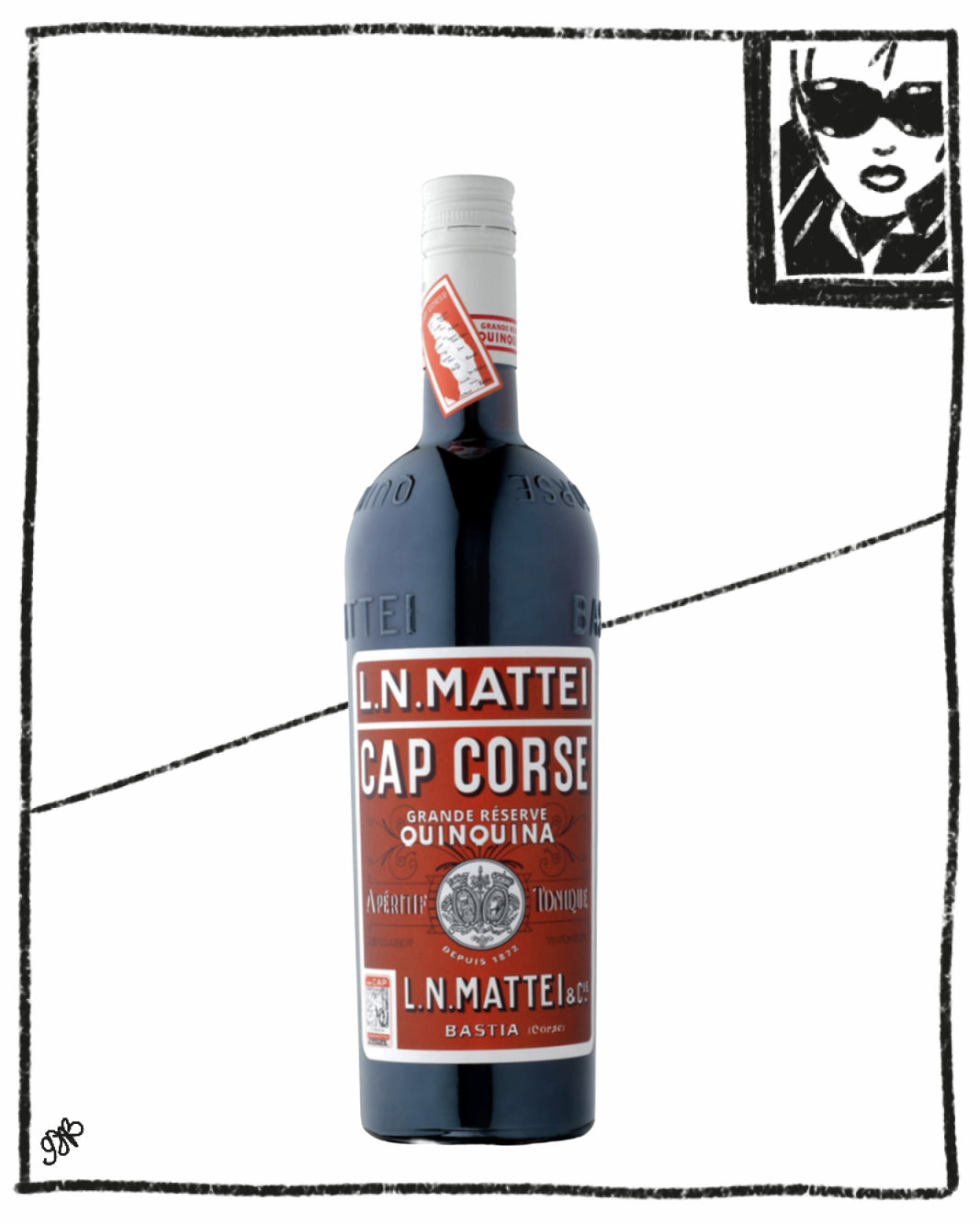 Bottle of L.N. Mattei Cap Corse Quinquina with a small inset image of a woman wearing sunglasses.