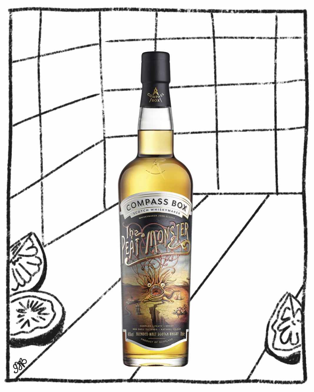 Bottle of Compass Box The Peat Monster whisky on a grid background with illustrations of figs.