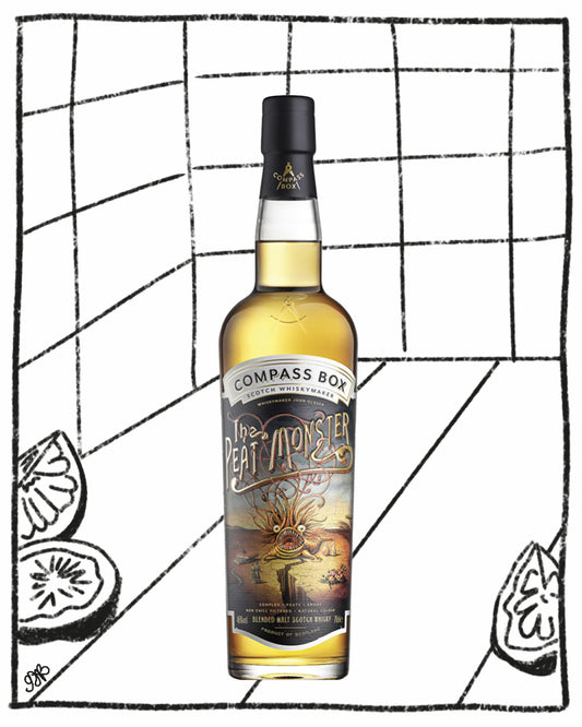 Bottle of Compass Box The Peat Monster whisky on a grid background with illustrations of figs.