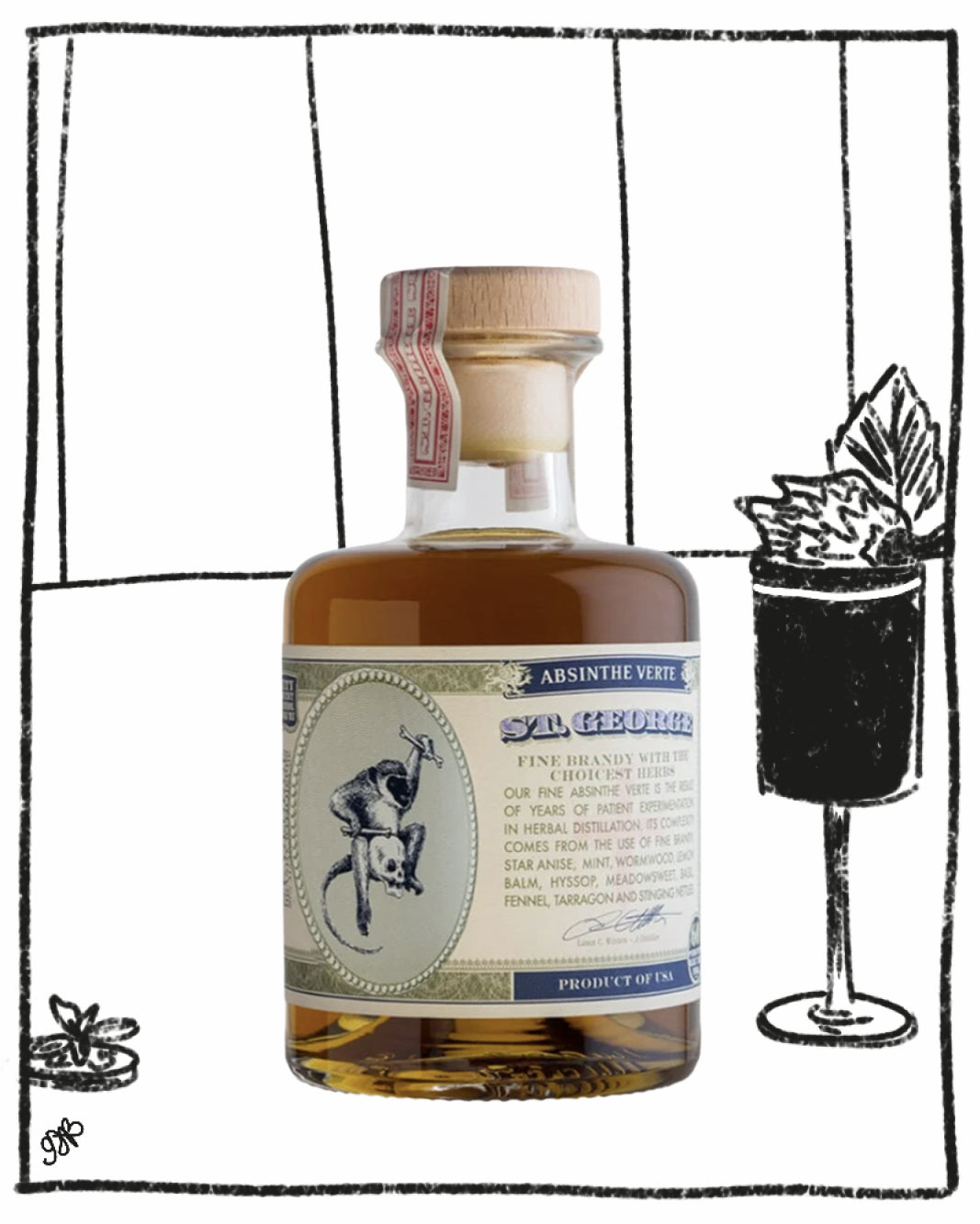 Bottle of Syl George Absinthe with a cocktail illustration on a white background