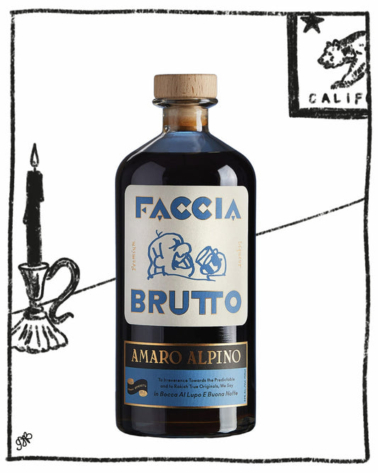 Bottle of Faccia Brutto Amaro Alpino with decorative elements on a white background