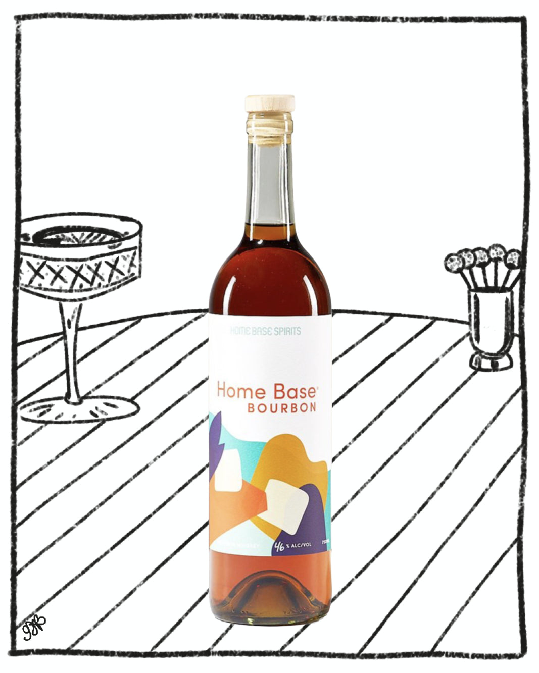 Bottle of Home Base Bourbon with a colorful label on a white background