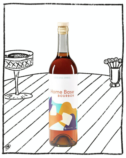 Bottle of Home Base Bourbon with a colorful label on a white background