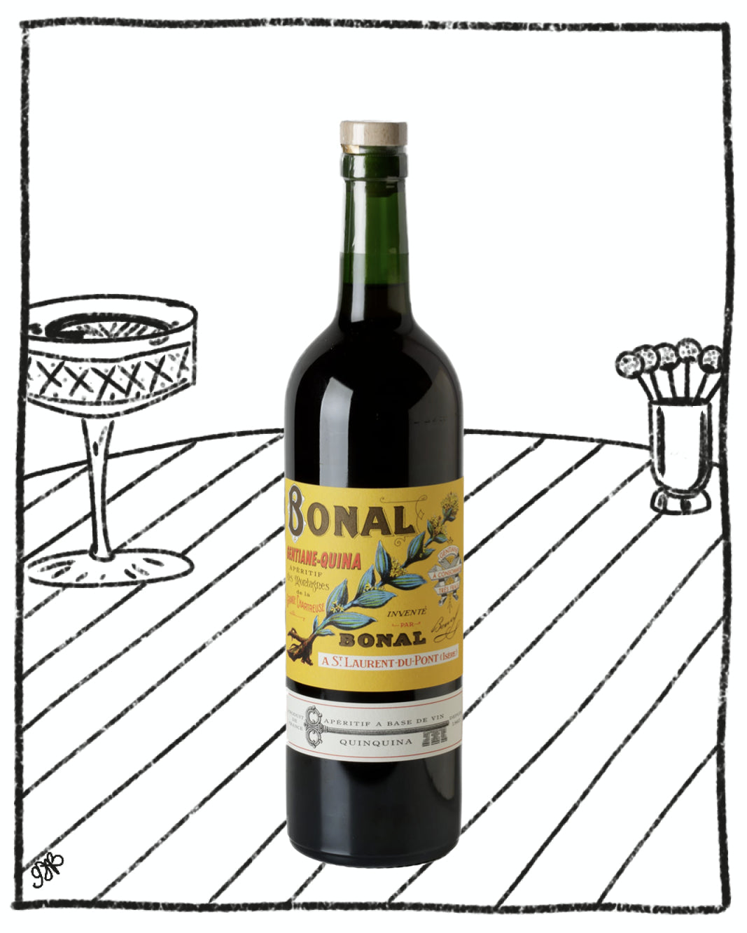 Bottle of Bonal wine with a yellow label on a white background