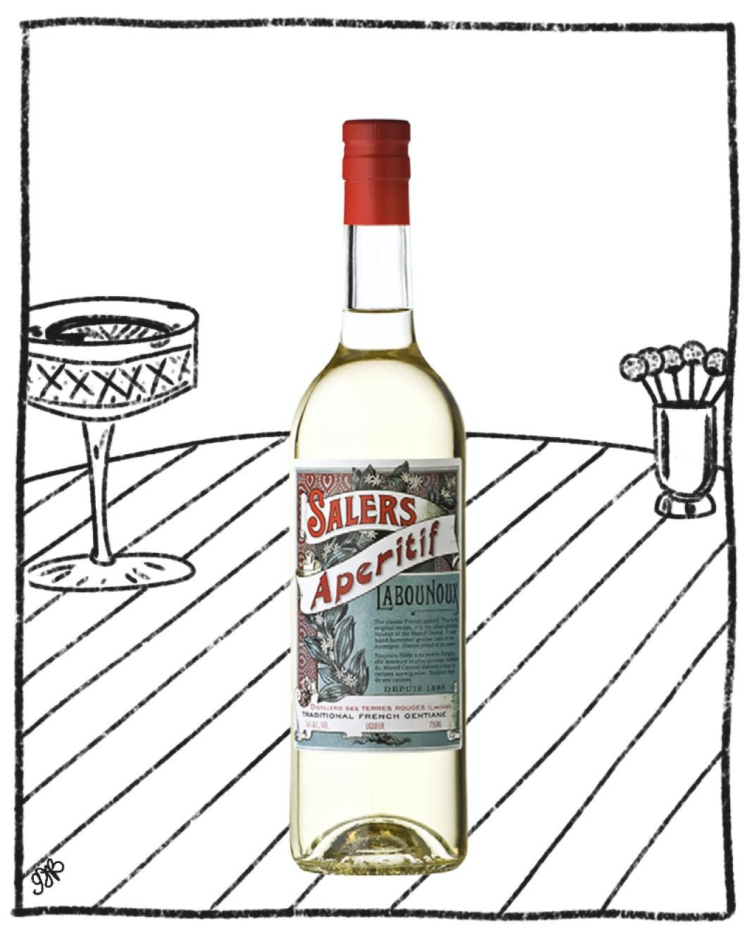Bottle of Salers Absinthe with a red cap on a white background