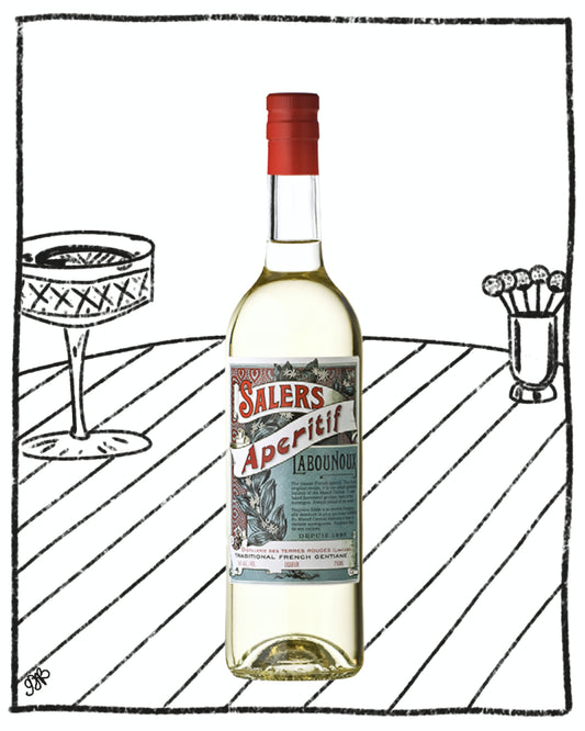 Bottle of Salers Absinthe with a red cap on a white background
