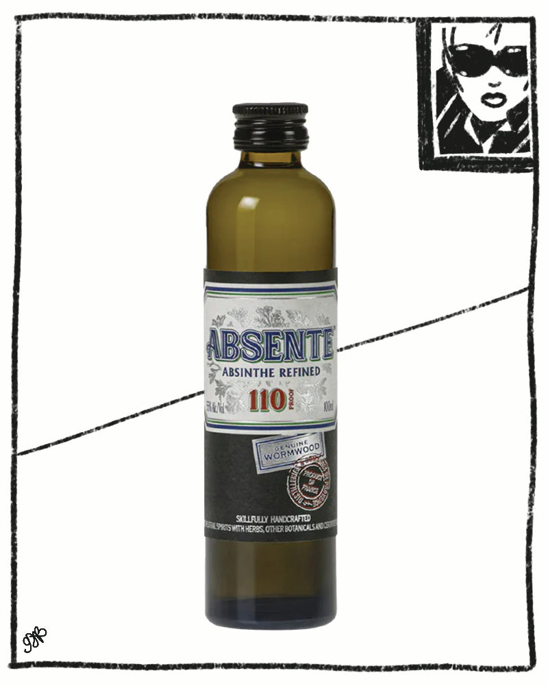 Bottle of Absente Absinthe on a white background with a small illustration of a woman in sunglasses in the corner.