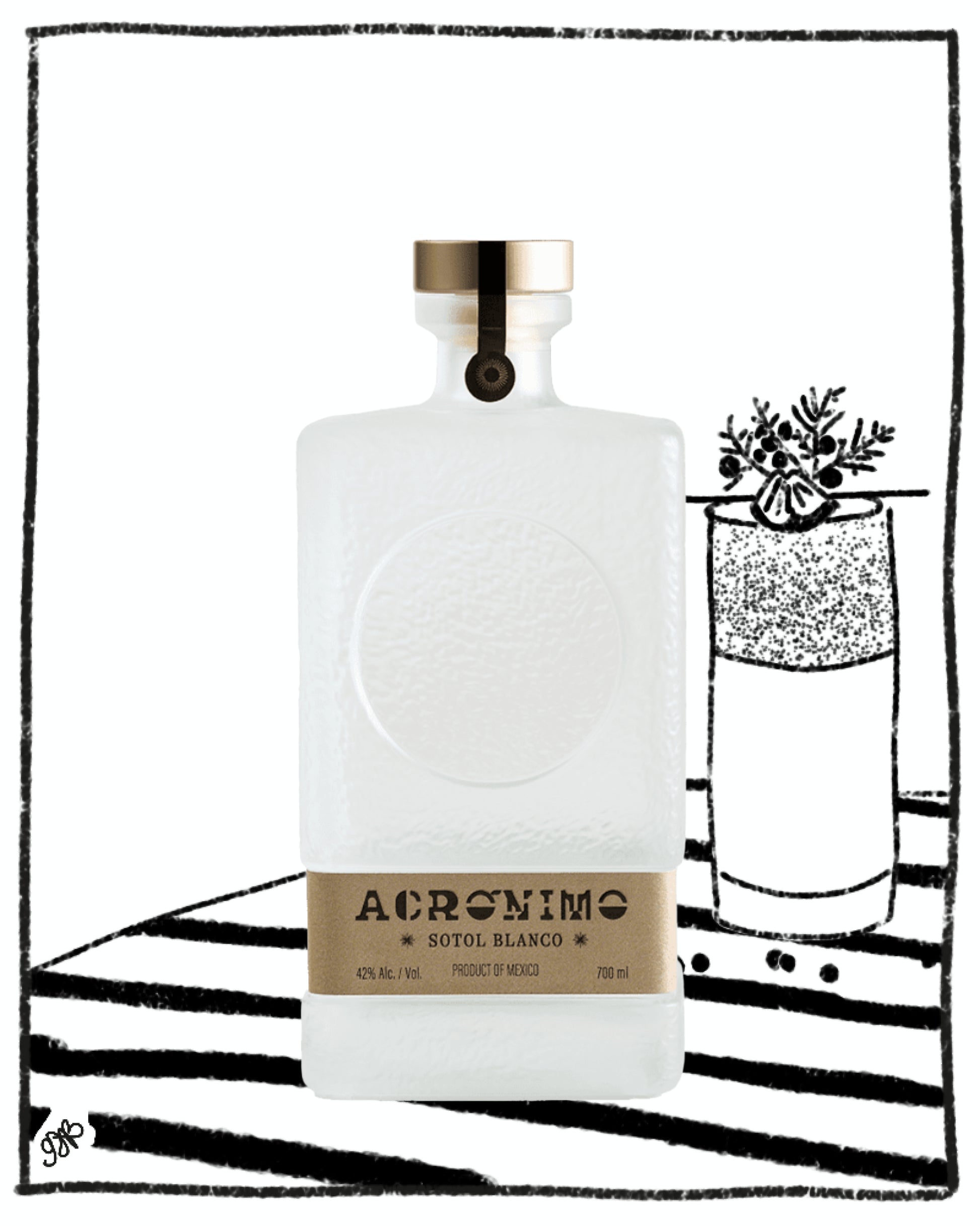 White bottle with a label on a black and white striped background