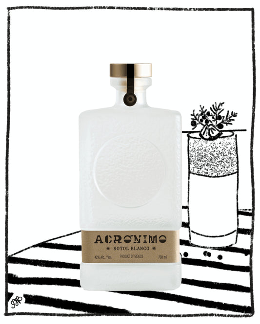 White bottle with a label on a black and white striped background