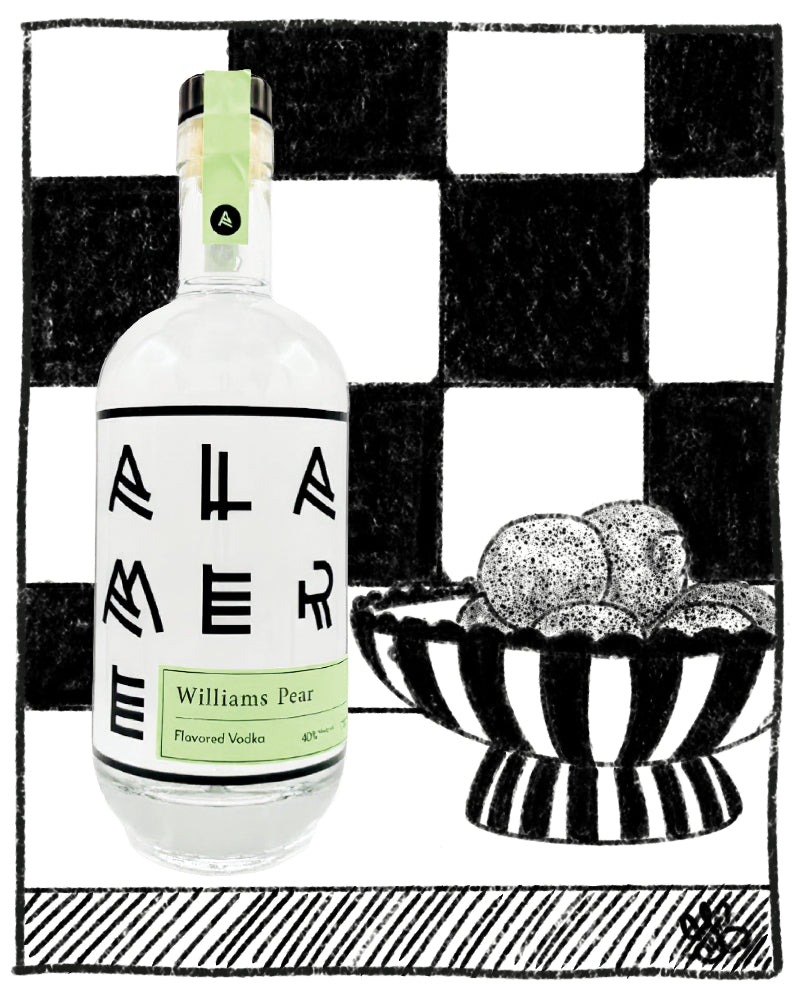 Vodka bottle labeled 'Williams Pear' with a bowl of fruit on a black and white checkered background