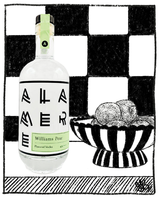 Vodka bottle labeled 'Williams Pear' with a bowl of fruit on a black and white checkered background