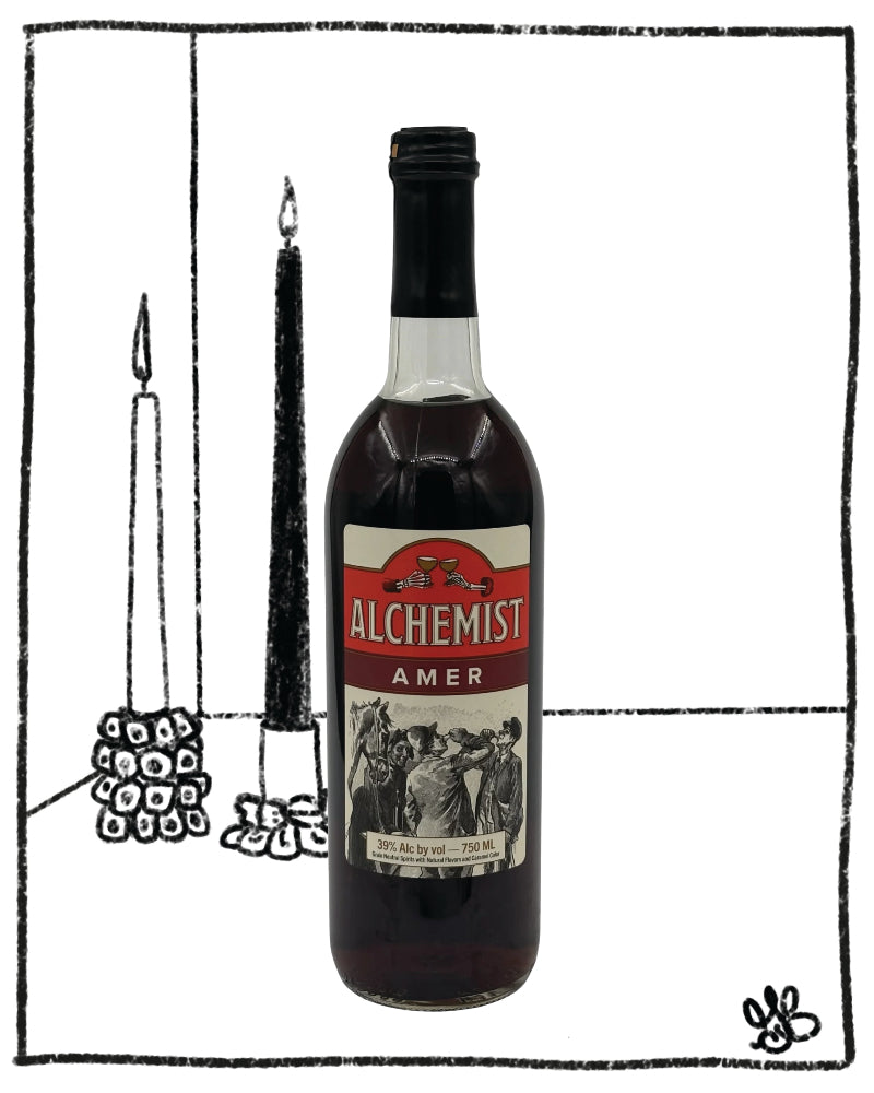 Bottle of Alchemist Amer with a black and white illustration in the background