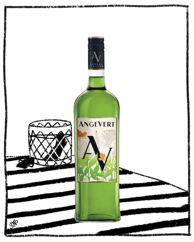 Green bottle of Angevert on a white background with black stripes
