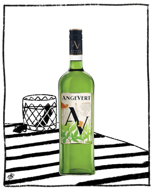 Green bottle of Angevert on a white background with black stripes