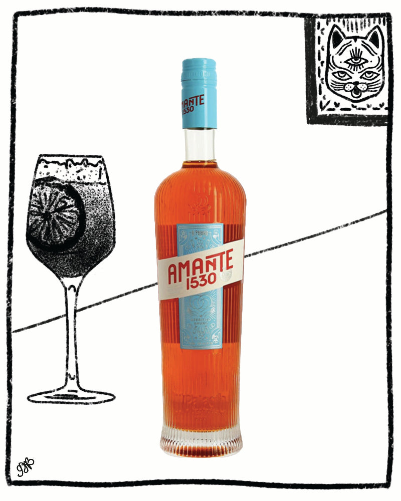 Bottle of Amante 1530 with a glass illustration on a white background