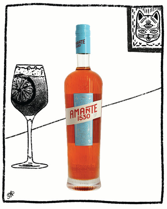 Bottle of Amante 1530 with a glass illustration on a white background