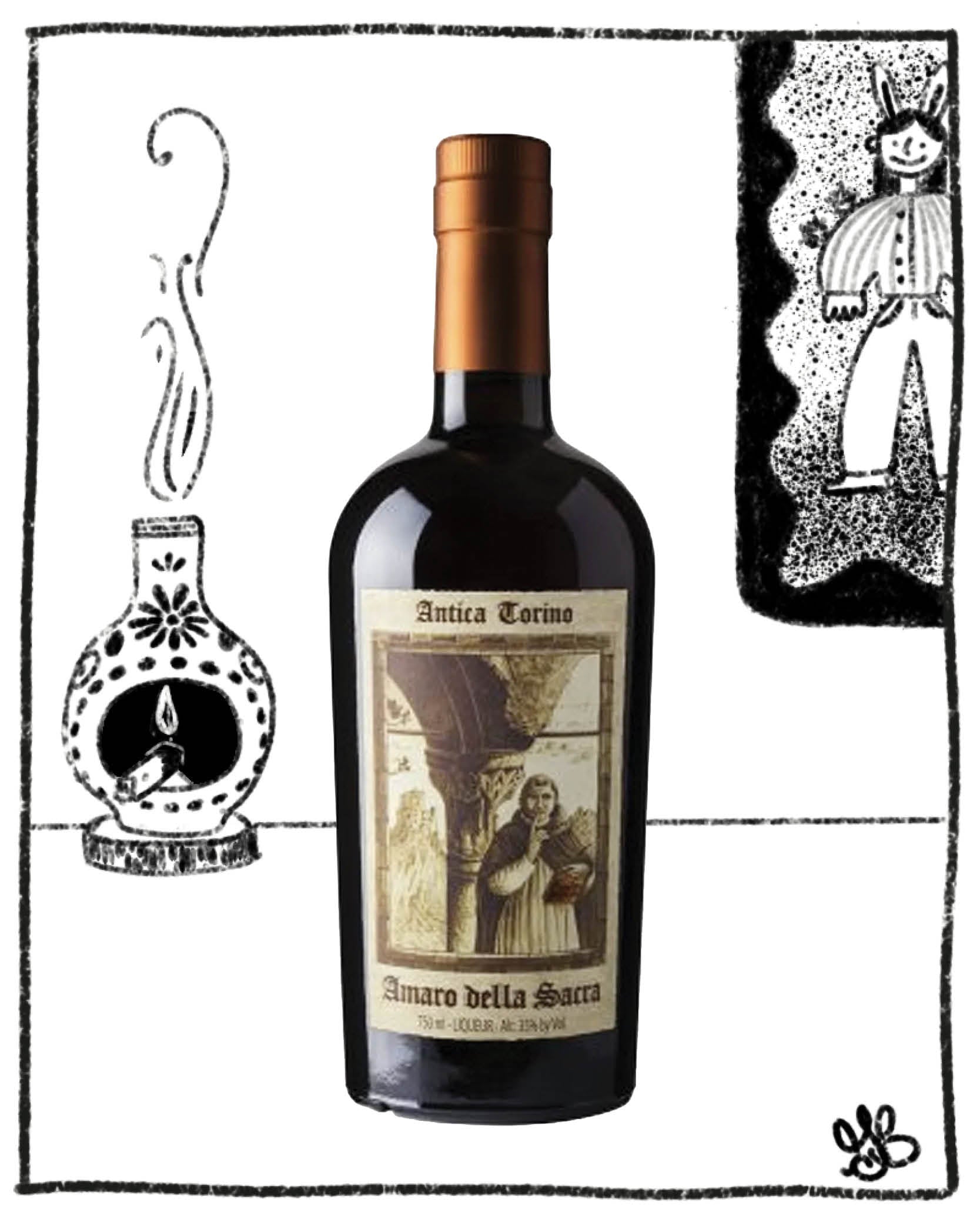 Bottle of Amaro della Seta with decorative illustrations on a white background