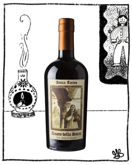 Bottle of Amaro della Seta with decorative illustrations on a white background