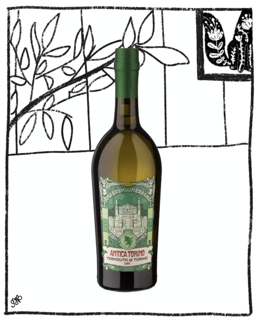 Wine bottle with label against a black and white illustrated background