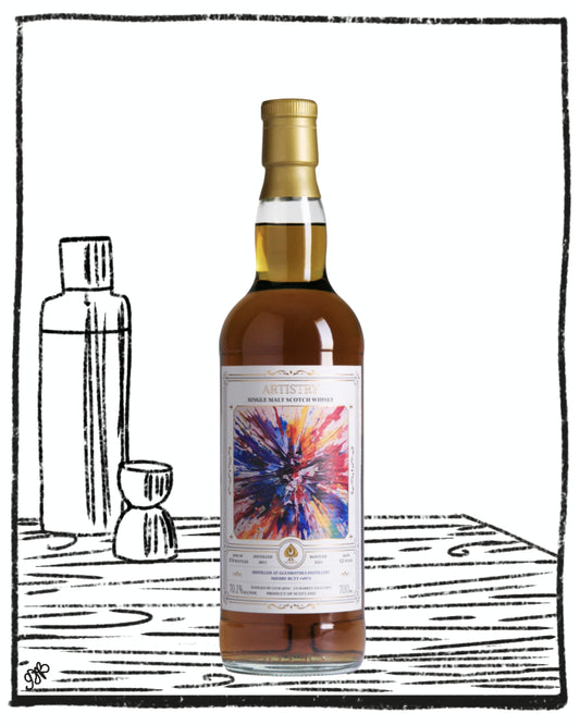 Bottle of whiskey with a colorful label on a white background