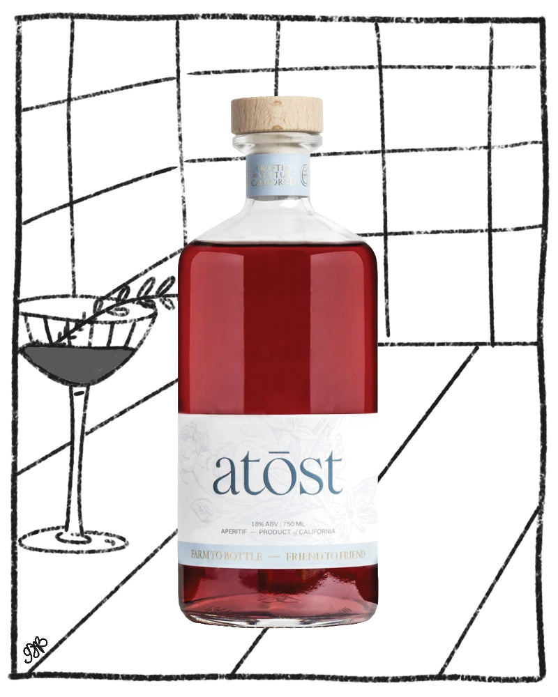 A bottle of Atost Vermouth Rosso with a light wood cork and a white label, set against a white background with a black hand-drawn grid and a cocktail illustration.