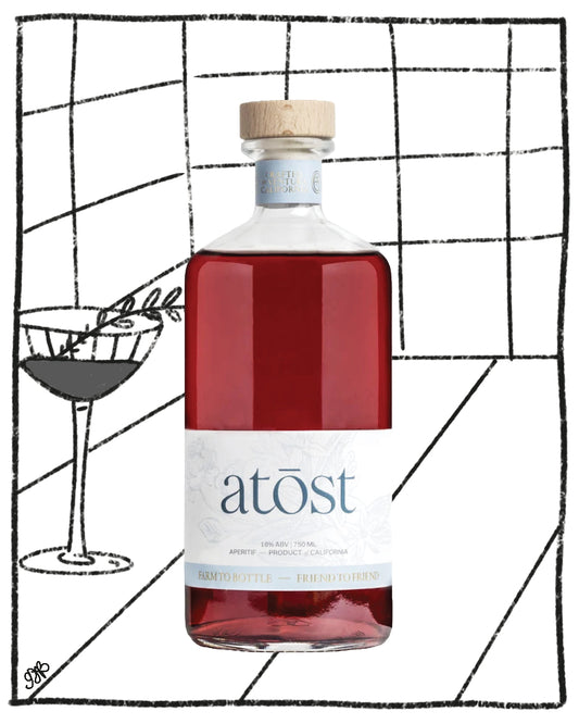 A bottle of Atost Vermouth Rosso with a light wood cork and a white label, set against a white background with a black hand-drawn grid and a cocktail illustration.