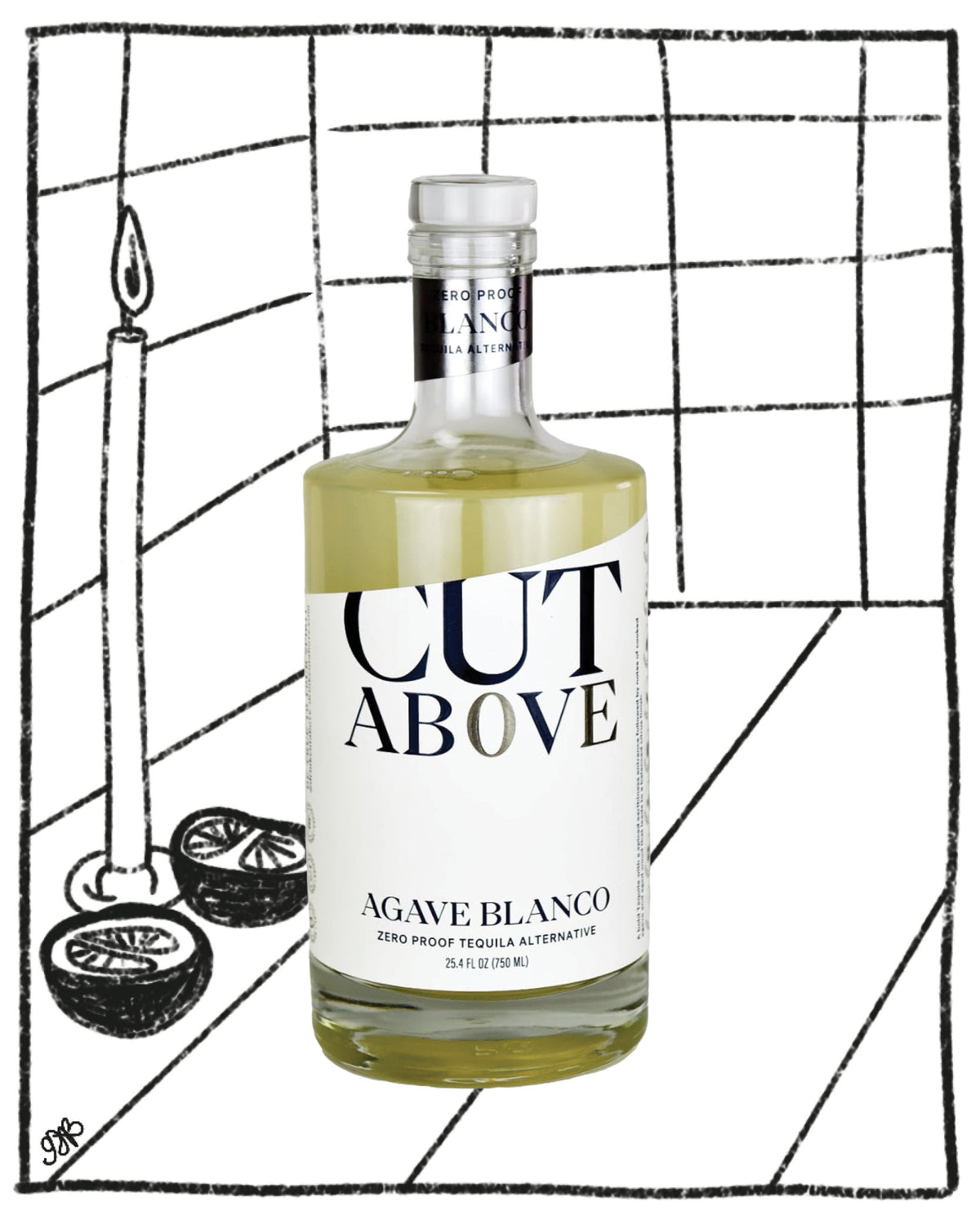 A bottle of CUT ABOVE Agave Blanco zero proof tequila alternative, featuring a white label and clear glass showing the pale yellow liquid inside, set against a hand-drawn black and white sketch background of a candle and citrus slices.