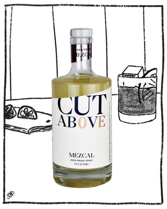 A bottle of Cut Above Mezcal Zero Proof Spirit on a white background with black hand-drawn line art illustrations of a tequila bottle, a glass of water, and a cocktail glass.